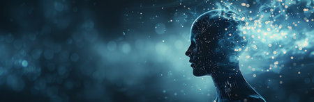 A digital human figure with glowing blue eyes exhales blue particles against a dark, bokeh-filled background.の素材