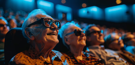 A senior woman sits in a movie theater wearing 3D glasses, smiling and looking up at the screen.の素材