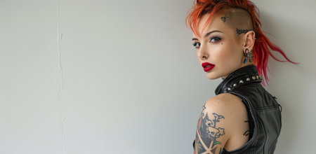 A woman with red hair, a shaved head, and tattoos looks over her shoulder towards the camera while wearing a black leather vest with silver spikes.の素材