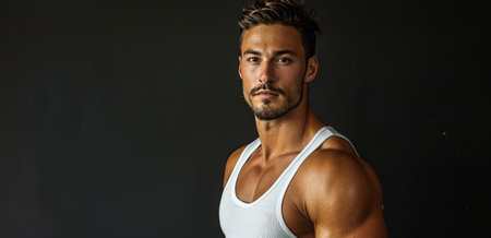 A man with a muscular build and a short beard looks to the left, wearing a plain white tank top.の素材