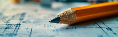 A yellow pencil lays on a detailed architectural blueprint with natural light illuminating the scene.の素材