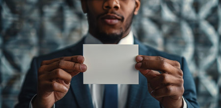 A businessman in a blue suit holds a blank white card in front of his face, looking directly at the camera.の素材