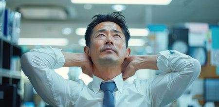 A man in a white shirt and blue tie leans back in his office chair, resting his hands behind his head.の素材