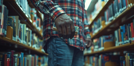 A person walks down a library aisle, holding a book in their hand.の素材