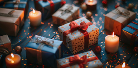 Wrapped gifts with red ribbons and bows are scattered on a blue surface with gold and red confetti and lit candles.の素材