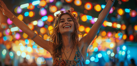 A young woman with long, brown hair dances with her arms raised in the air, smiling brightly at a summer music festival.の素材