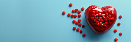 A red heart-shaped object lies on a blue surface, surrounded by small red pills.の素材