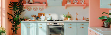 A contemporary kitchen with pink walls, mint green cabinets, and a stainless steel stand mixer. A pot sits on the stovetop, and plants add a touch of greenery.の素材