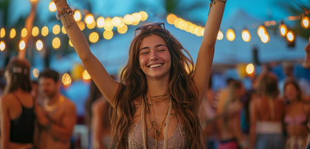 A young woman with long brown hair and multiple necklaces smiles at the camera while standing in a crowd of people at an outdoor festival with string lights hanging overhead.の素材