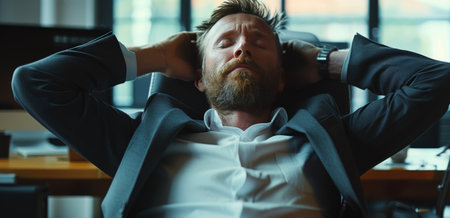 A tired businessman leans back in his office chair with his eyes closed. He rests his head on the back of the chair, seemingly taking a break from his work.の素材