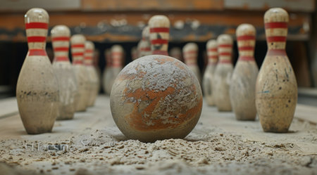 A weathered bowling ball rests in the middle of a bowling lane, surrounded by fallen pins. Dust coats the floor and the pins, suggesting a long period of inactivity.の素材