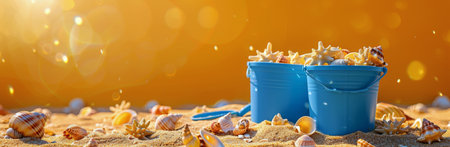 Two blue buckets filled with seashells sit on a sandy beach in the afternoon sun.の素材