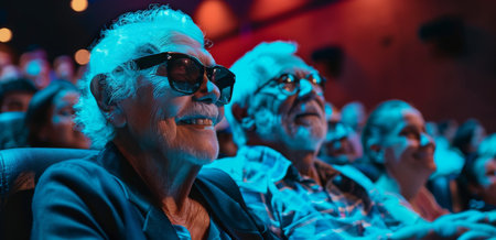 A senior man in sunglasses smiles brightly while watching a movie in a theater, illuminated by blue and red lighting.の素材