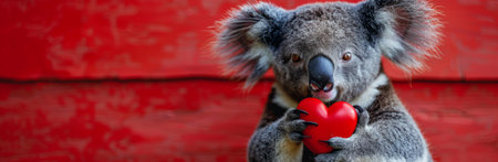 A Koala with soft gray fur is holding a red heart in its paws and looking directly at the camera.の素材