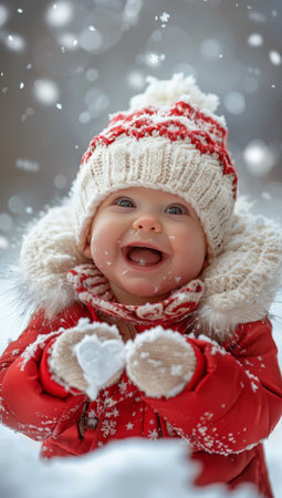 A young child in a red winter jacket and hat reaches up with open hands, smiling as snowflakes fall around them.の素材