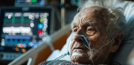 An elderly patient with white hair and glasses lies in a hospital bed, receiving oxygen through nasal cannula.の素材