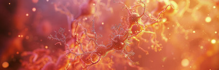 A close-up view of a cancer cell with numerous branching structures, against a blurred background of glowing orbs.の素材