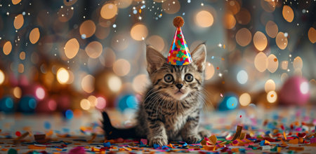 A tabby kitten with a pink, blue, and orange party hat looks at the camera while colorful confetti falls around it.の素材