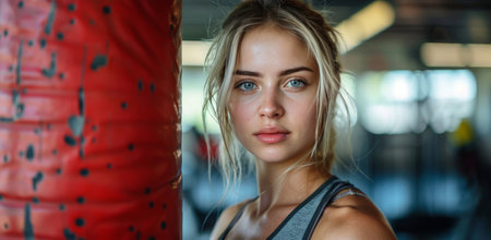 A woman with blonde hair in a gray tank top stands near a red punching bag in a gym.の素材