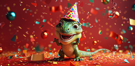 A dinosaur wearing a party hat smiles and stands in front of a red background filled with falling confetti.の素材