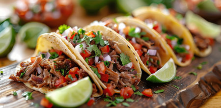 A close-up shot of several tacos filled with meat, tomatoes, cilantro, and onions on a wooden cutting board.の素材