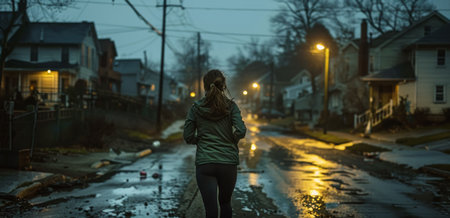A woman runs down a wet street at night, lit by streetlamps.の素材