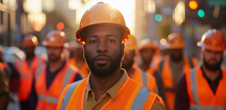 A construction worker wearing an orange hard hat and safety vest stands on a city street, looking directly at the camera. Several other workers are visible in the background.の素材