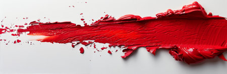 A thick, red lipstick swatch is spread across a white background with scattered chunks and particles of the lipstick.の素材