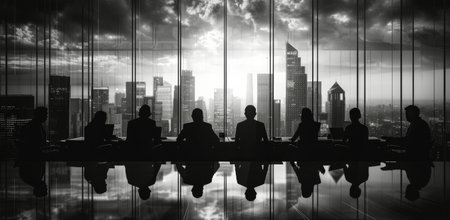 A group of business professionals are silhouetted in a meeting room overlooking a city skyline at night.の素材