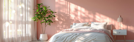 A pink bedroom with a white bed, fluffy pillows, and a pink blanket. Sunlight streams through a window with pink curtains and a vase of pink flowers.の素材