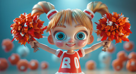 A cartoon girl with blonde hair and blue eyes smiles widely, holding two red and orange pom poms in front of a blue background with blurred, orange spheres.の素材