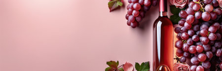 A bottle of rose wine with grapes and a leaf on a pink background.の素材