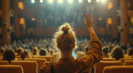 A woman in a brown shirt sits in a theater audience and raises her hand.の素材