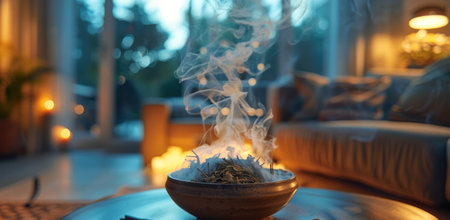 Smoke rises from a burning sage bundle in a brown bowl on a wooden coffee table. A couch is visible in the background.の素材