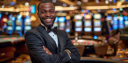 A man in a tuxedo stands with arms crossed in front of a roulette table at a casino.の素材