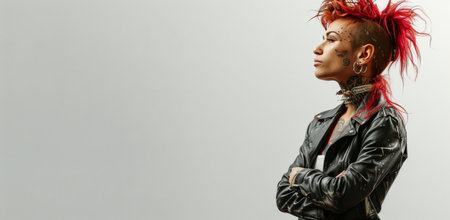 A woman with red hair and tattoos stands with her arms crossed, looking to the side, in front of a plain white backdrop.の素材