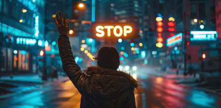 A young woman stands in the middle of a street at night, her hand glowing blue as she looks intently at the camera.の素材