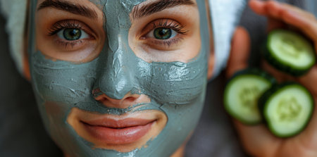 A woman with a gray facial mask smiles and holds cucumber slices in her hand.の素材