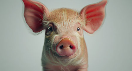 A young pig with one blue eye stars directly at the camera with a curious expression.の素材