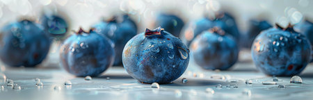 A group of plump blueberries are scattered on a light gray surface, each covered in sparkling water droplets.の素材