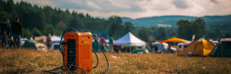 A portable power station sits on the ground in a field, surrounded by tents and people in the distance. The sun is setting in the background, casting a warm glow on the scene.の素材