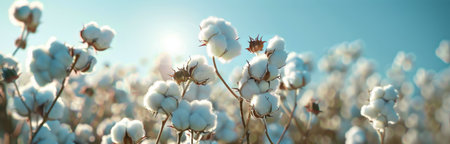 A field of cotton plants with white blossoms in full bloom, illuminated by the warm rays of the sun.の素材