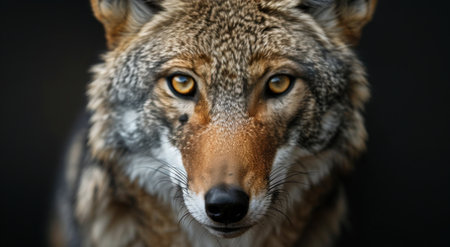 A coyote stars intently into the camera, its amber eyes bright against the dark background.の素材