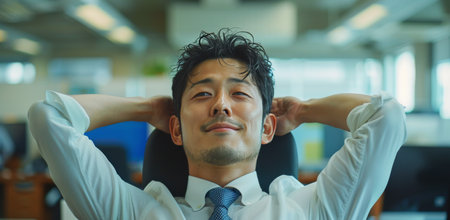 A man in a white shirt and blue tie leans back in his office chair, resting his hands behind his head.の素材