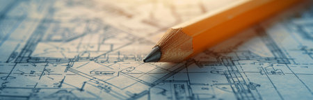 A yellow pencil lays on a detailed architectural blueprint with natural light illuminating the scene.の素材