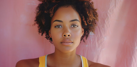 A young woman with curly brown hair is posing in front of a pink wall. She is wearing a yellow tank top and has a serious expression on her face.の素材