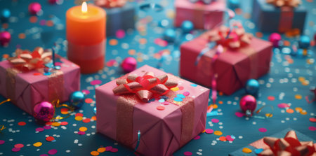 A blue wrapped gift box with a pink ribbon sits on a blue table surrounded by red and pink candles and confetti.の素材