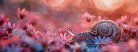 A snail slowly moves through a field of pink wildflowers bathed in the warm glow of the setting sun.の素材