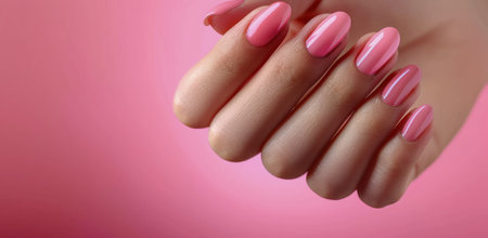 A hand with four fingers and pink gel nail polish.の素材