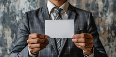 A businessman in a blue suit holds a blank white card in front of his face, looking directly at the camera.の素材